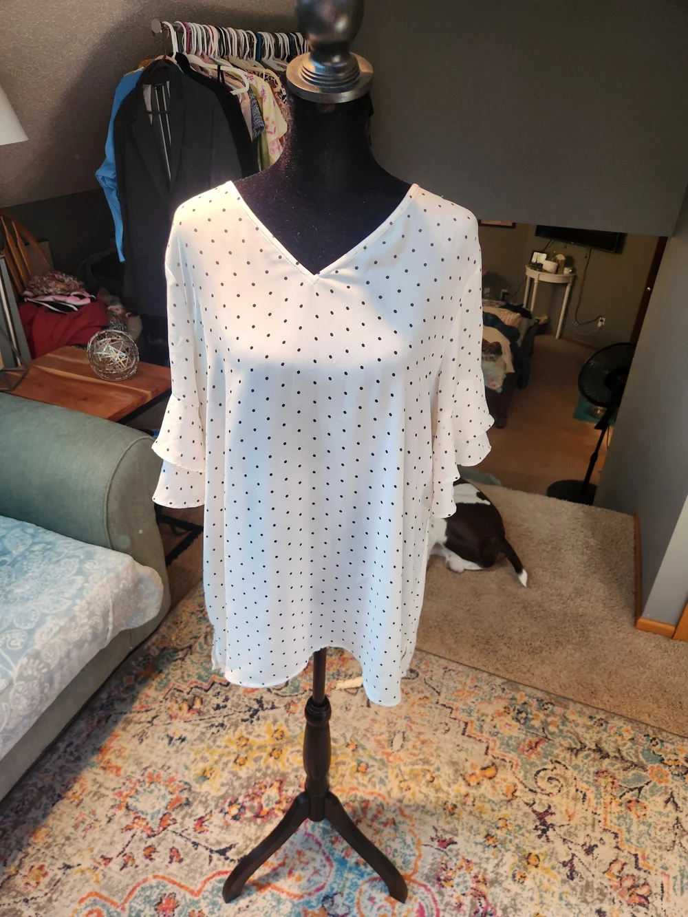 Loft White Polka Dot V-Neck Ruffle Sleeve Top Medium - Picture 3 of 9